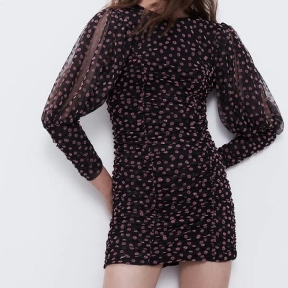 Zara Womens Puff Sheer Sleeve Textured Floral Dress Black/Pink XS - Picture 3 of 9